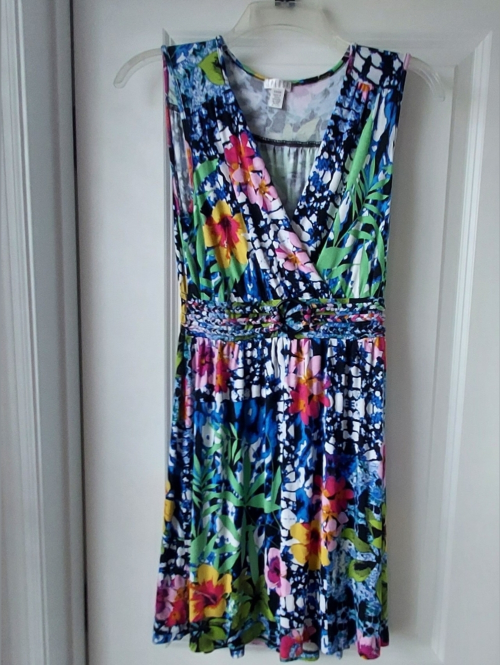Spense Floral Colorful Print Jersey Knit Dress Sleeveless V Neck Resort Small